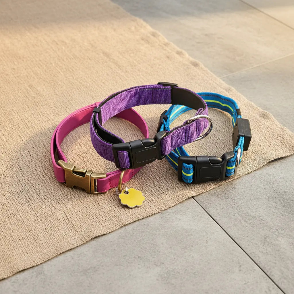 Collars on linen on a stone floor