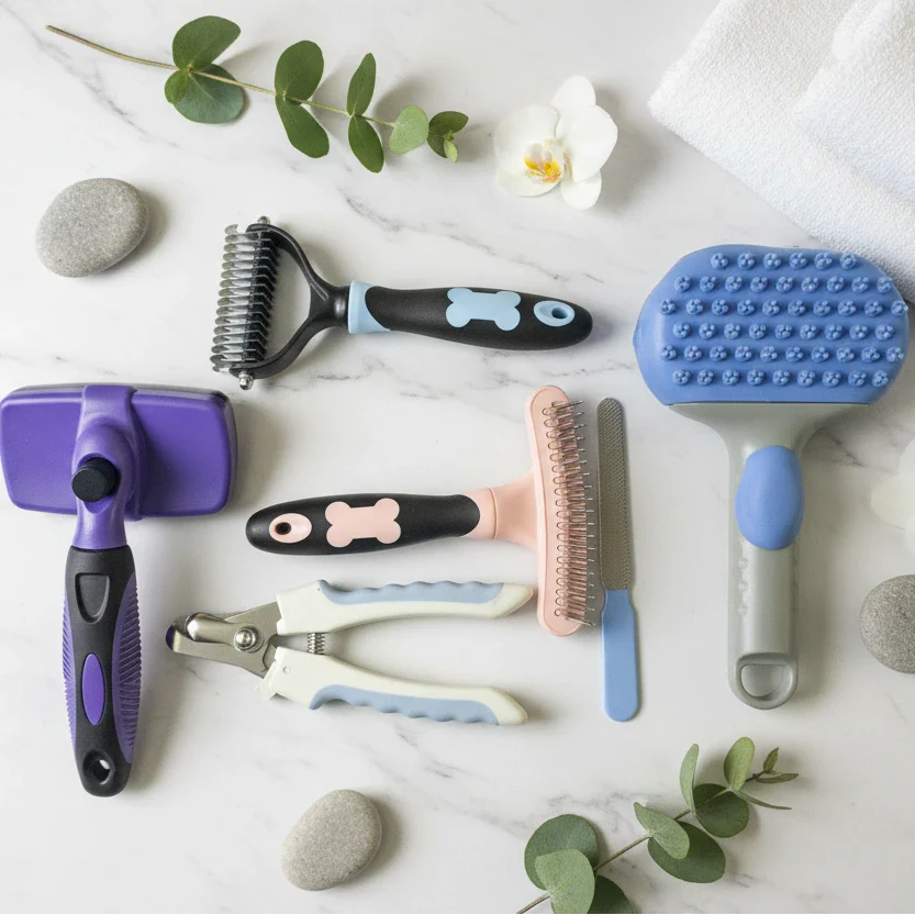 Grooming tools surrounded by plants and stones on countertop