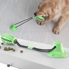 Dog pulling on football shaped green toy attached to suction cup on tile floor