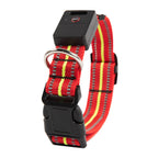 Red and yellow dog collar with a black electronic device on a white background