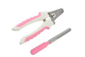 Pet nail clippers and file with pink handles on a white background
