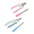 Set of pet nail clippers with pink and blue handles on a white background