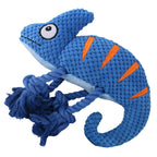 Blue rope toy shaped like a lizard on a white background