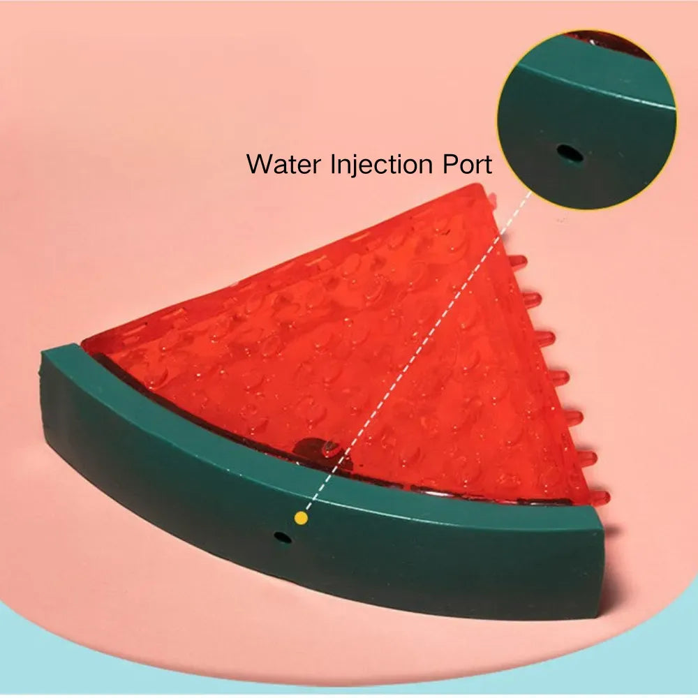 Sliced watermelon-shaped object with water injection port on a pink background