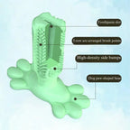 Green dog toothbrush with labeled features on a light blue background