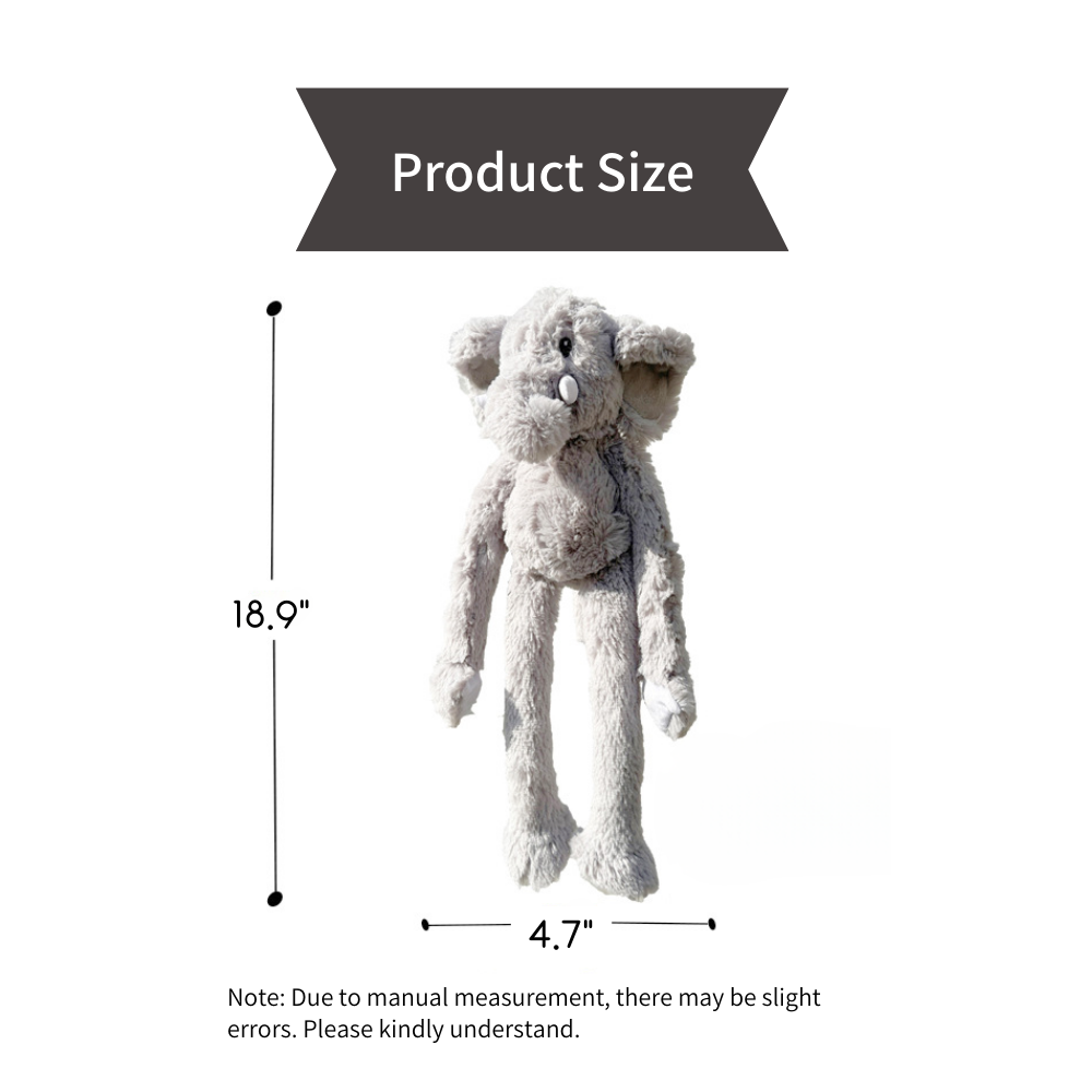Measurement chart of a plush elephant toy with dimensions on a white background
