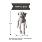 Measurement chart of a plush elephant toy with dimensions on a white background