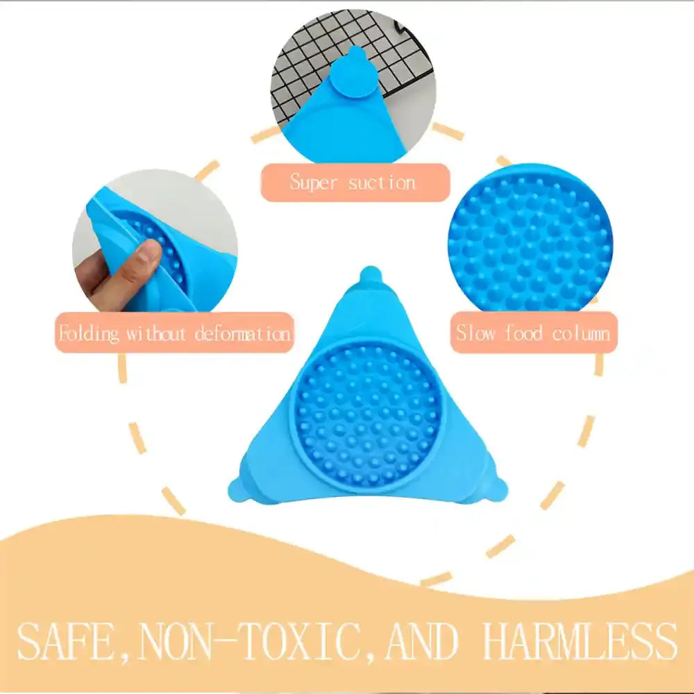 Blue silicone lick mat with features highlighted on a white background