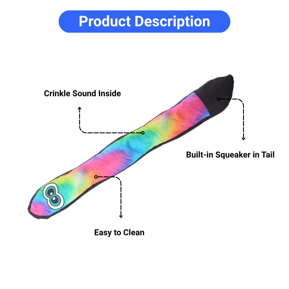 Colorful snake dog toy with features labeled on a white background
