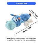 Blue crocheted hippo dog toy with measurements on a white background