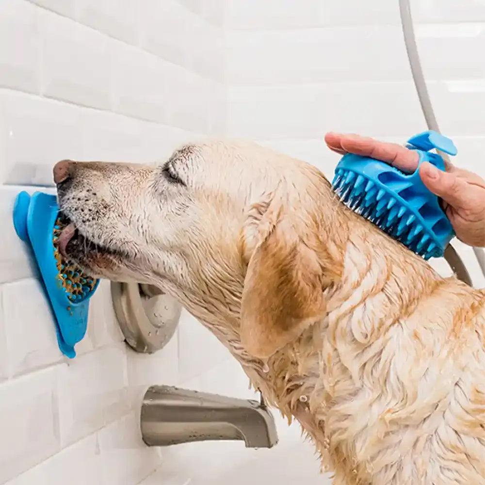 Dog being bathed with a blue shower brush licking blue lick toy in a tiled bathroom.