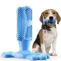 Dog holding a blue rubber chew toy with a white background