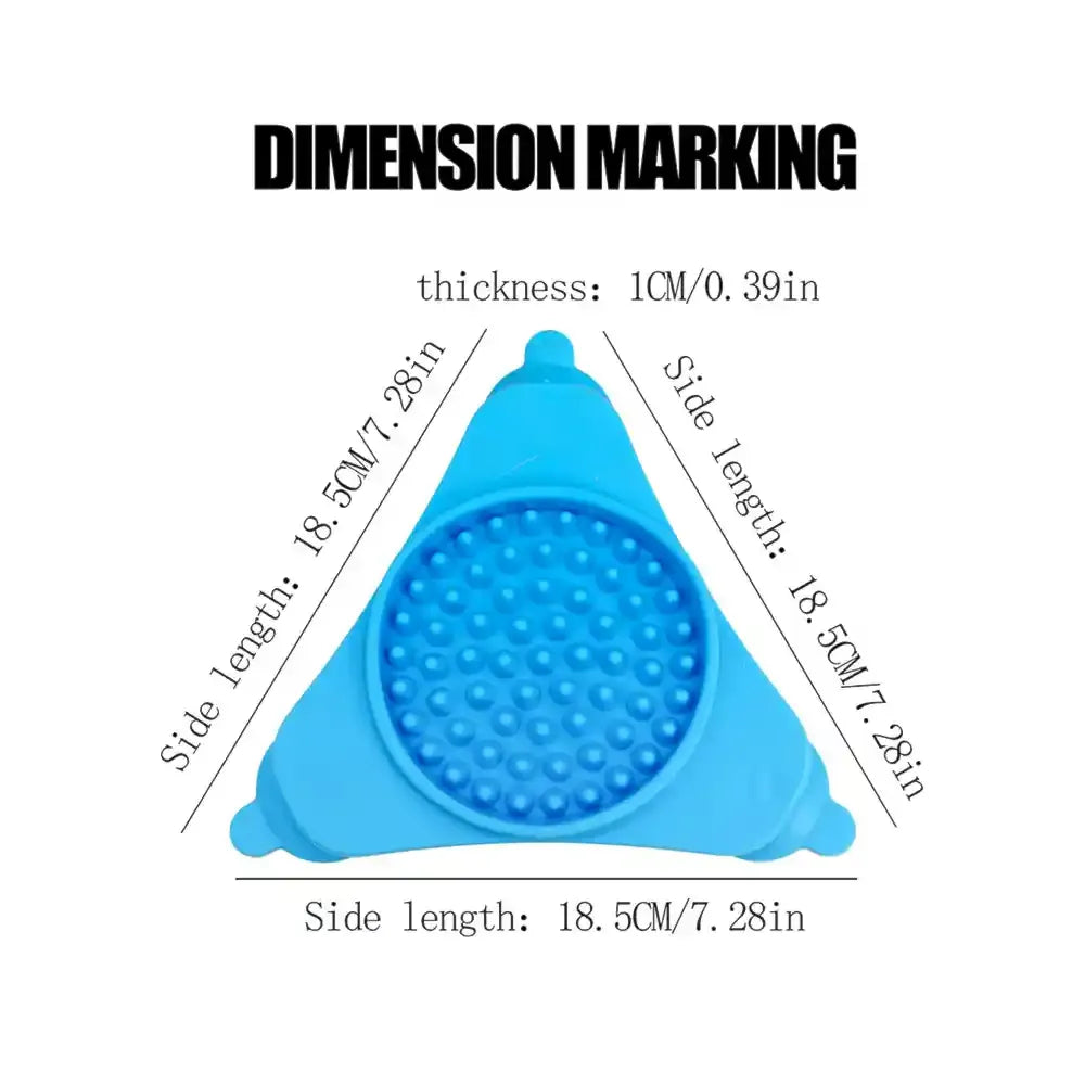 Blue triangular silicone mat with measurement details on a white background