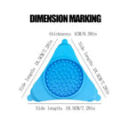 Blue triangular silicone mat with measurement details on a white background