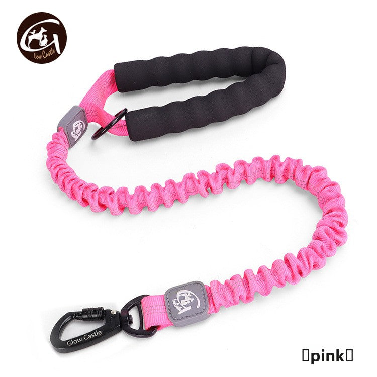 Pink dog leash with black handle and carabiner on a white background