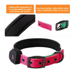 Dog collar with pink and black design, adjustable for all sizes, on a white background.