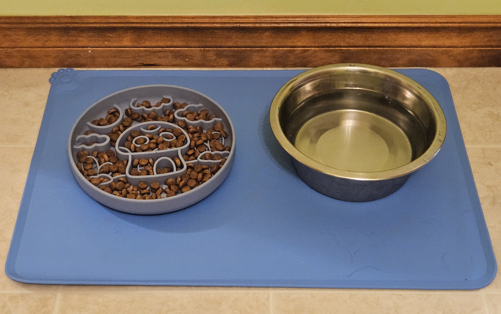 Pet food and water bowl on a blue mat with a tile floor background