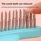 Teeth of a comb with a pink background and text explaining the rebounding feature.