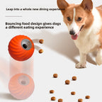 Dog toy with food bouncing out, next to a dog and text about a new dining experience for dogs.
