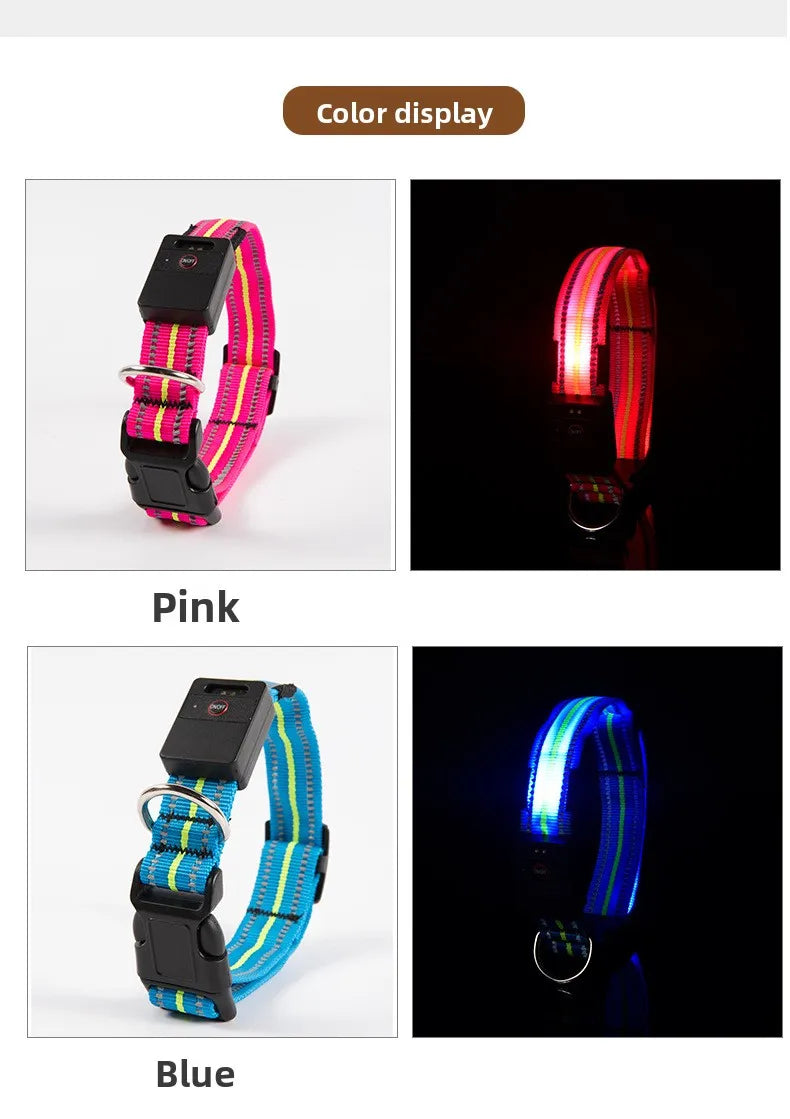 LED dog collars in pink and blue colors with color display text.