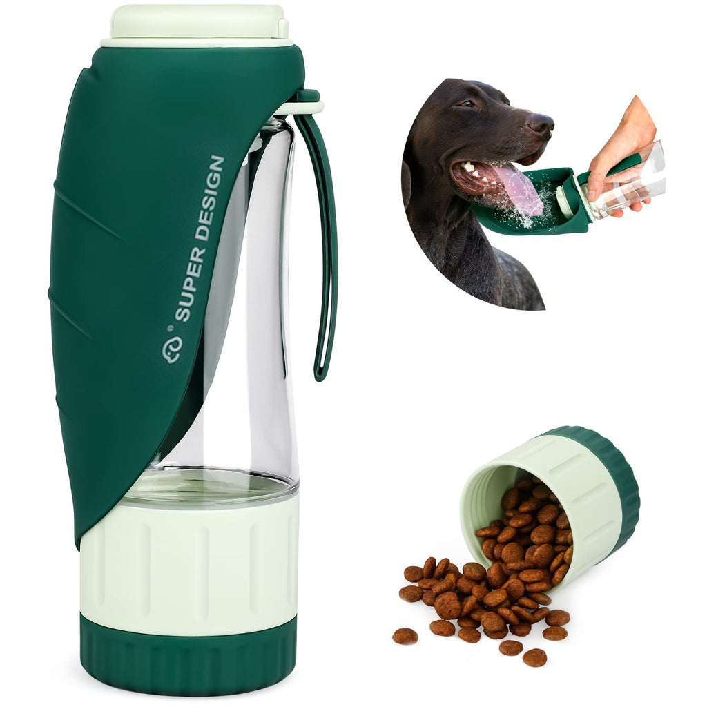 Green pet water bottle with a dog drinking from it and food spilled on a white background
