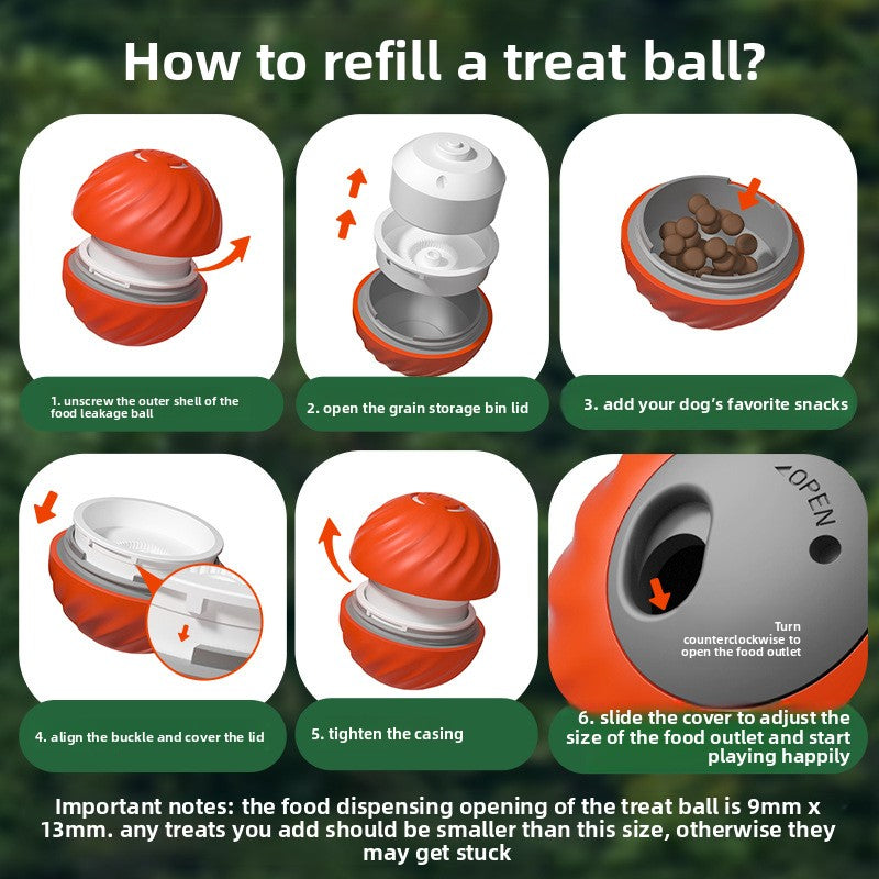 Step-by-step guide on how to refill a treat ball with images and text.