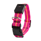 Pink and yellow striped dog collar with a black electronic device on a white background