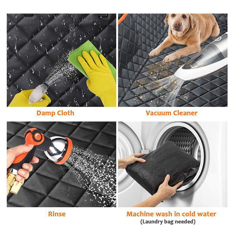 Step-by-step guide on cleaning a car seat with various tools and methods.