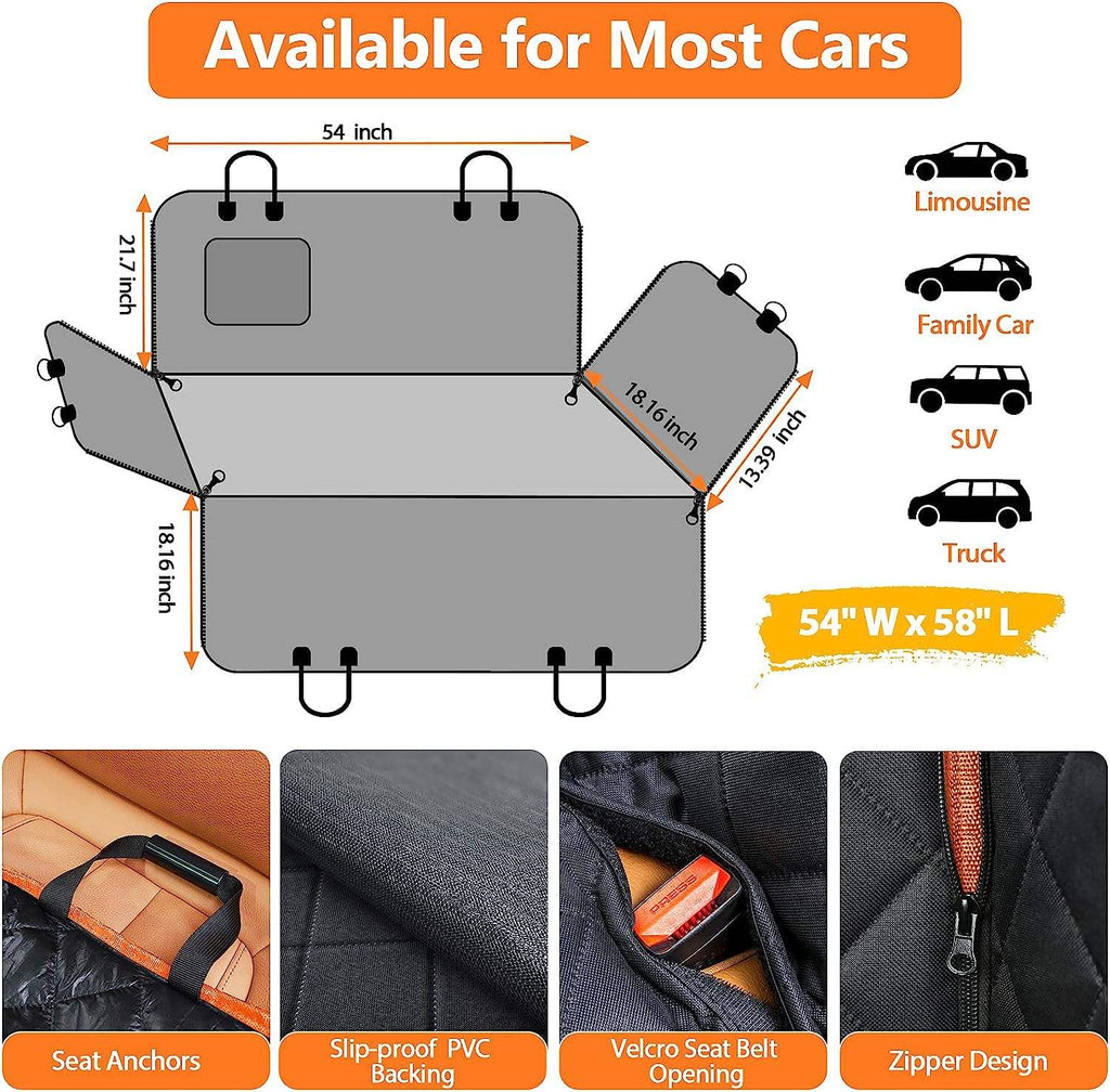 Car seat cover with dimensions and features for various car types on an orange background