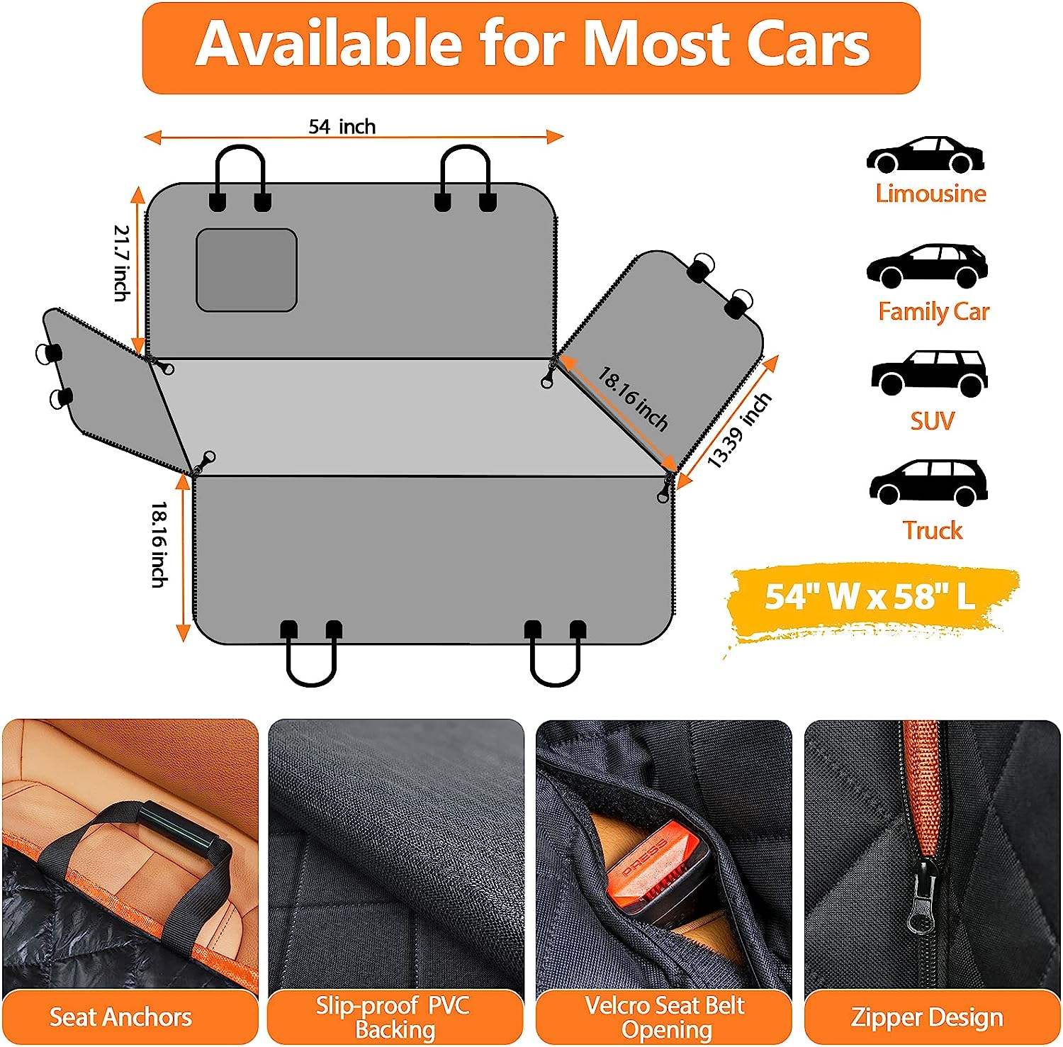 Car seat cover with dimensions and features for various car types on an orange background