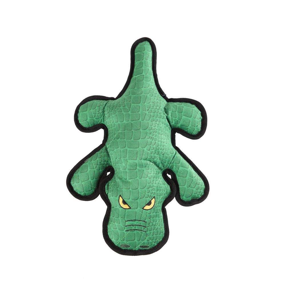 Green crocodile-shaped toy with black accents on a white background