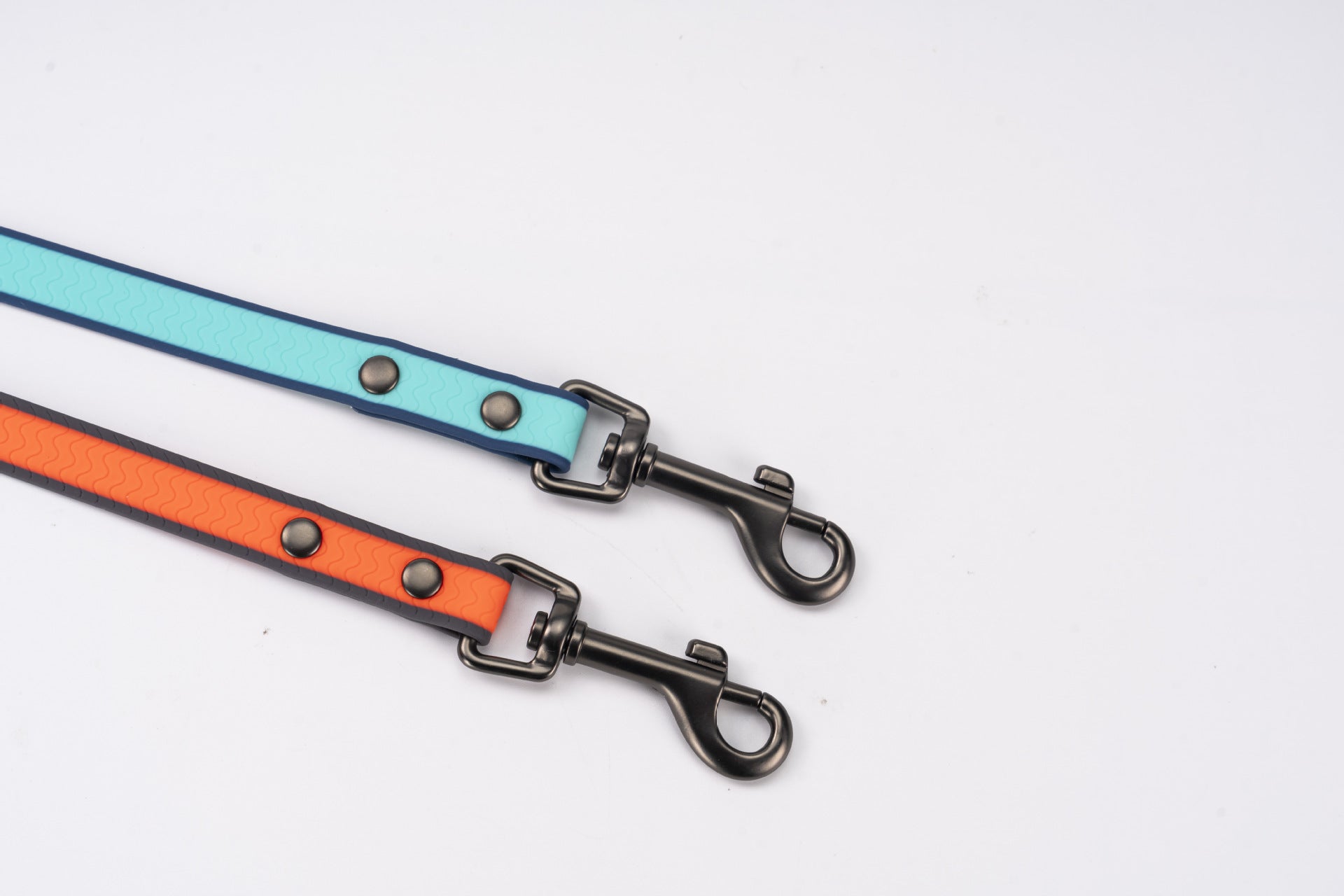 Two colorful dog leashes with metal clasps on a white background