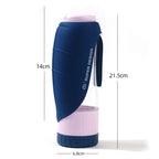 Blue and pink water bottle with dimensions labeled on a white background