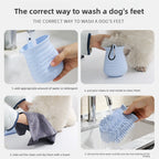 Step-by-step guide on how to wash a dog's feet using a specialized cleaning tool.