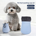 Pet foot washing cup set with a small dog sitting next to it on a white background