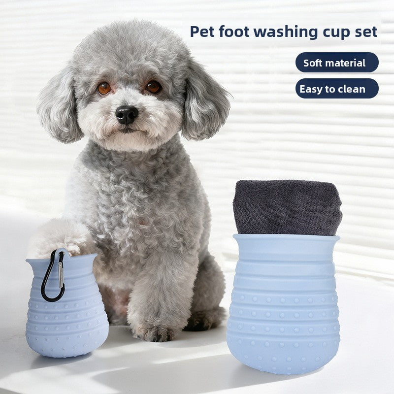 Pet foot washing cup set with a small dog sitting next to it on a white background