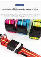 Colorful pet collars with USB charging cable on a white background