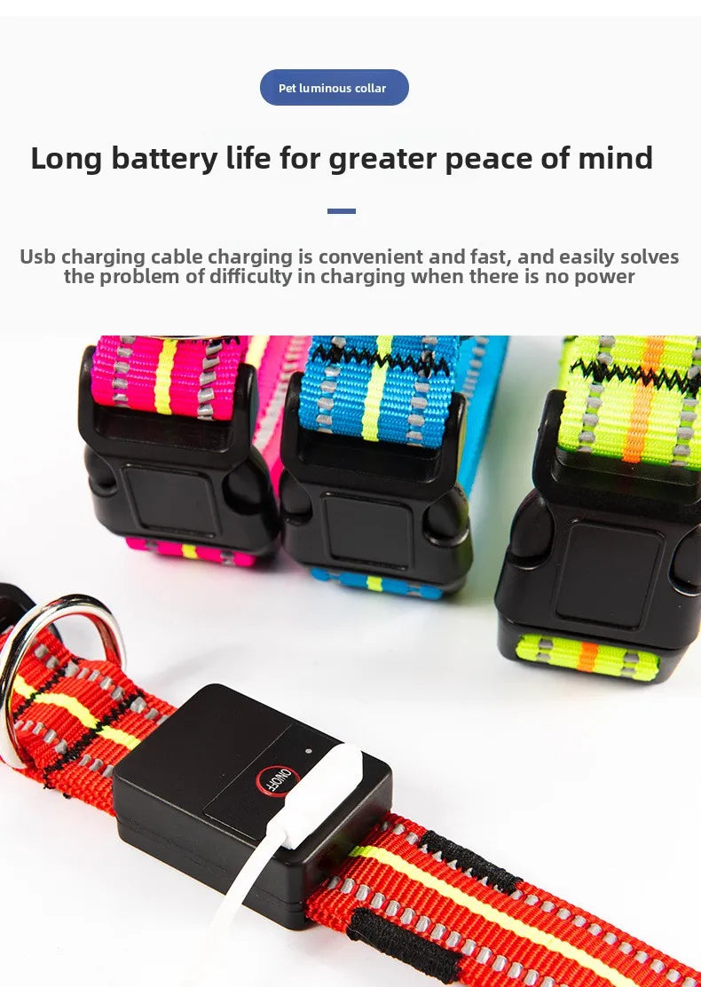 Colorful pet collars with USB charging cable on a white background