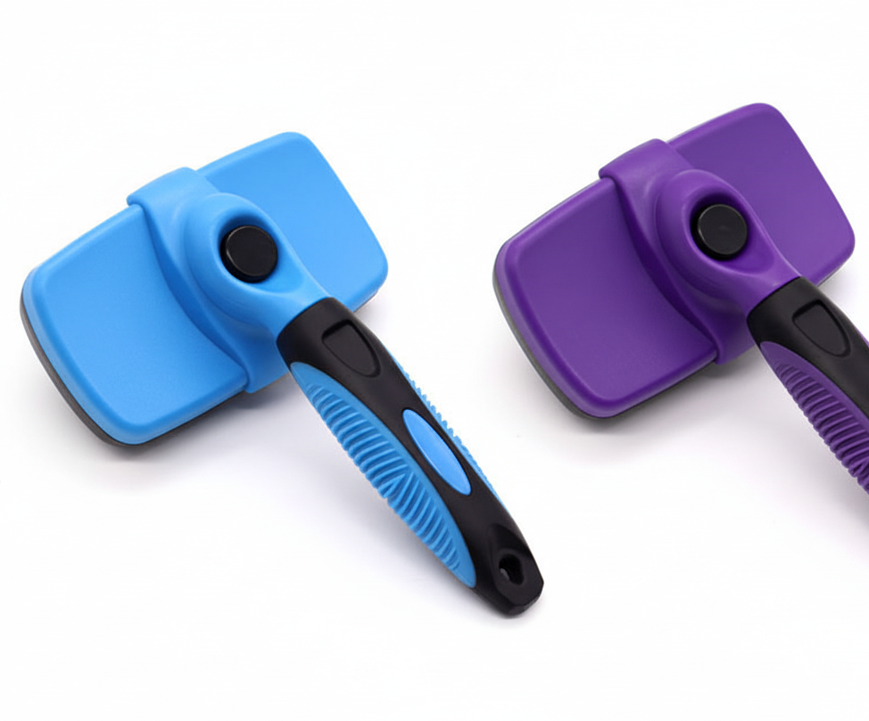 Blue and Purple Grooming Brushes Side by Side