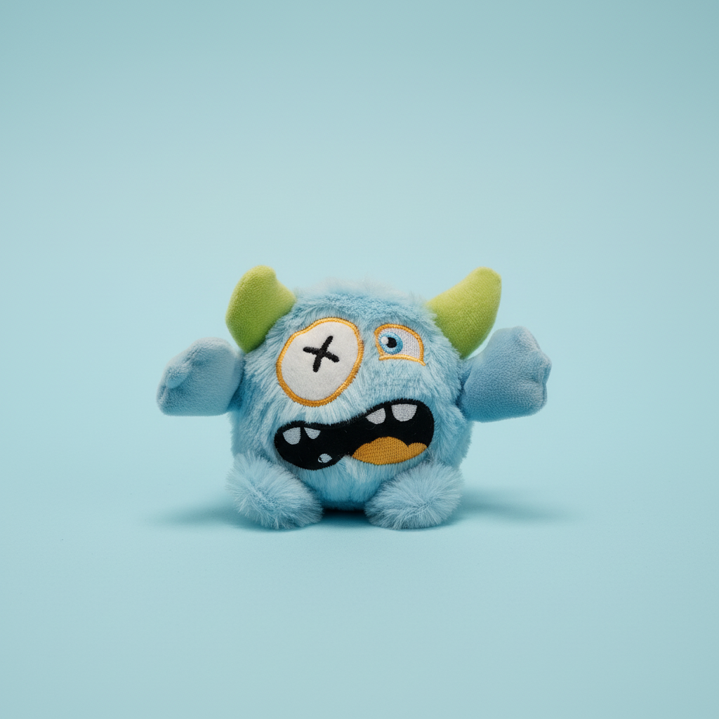 Blue Monster Plush – Pastel Blue Background