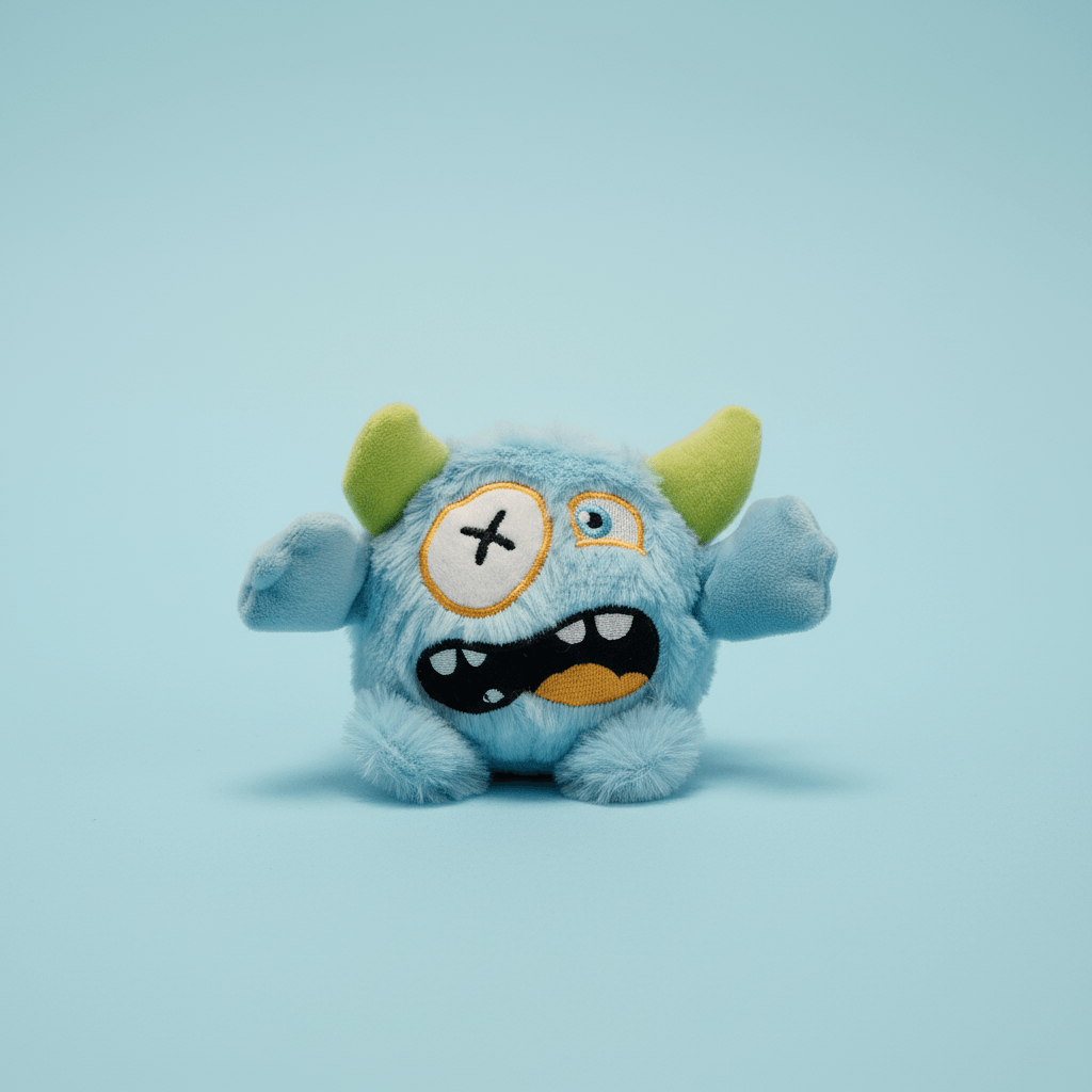Blue plush toy with green horns on a light blue background