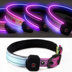 LED pet collar with colorful lighting effect on a dark background