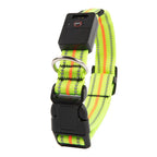 Neon green dog collar with reflective stripes and a black electronic device on a white background