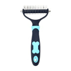 Blue everyday detangler with black handle and blue bone design on a white background