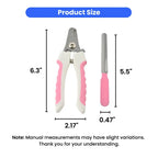 Measurement chart of a pet nail clipper with pink handles on a white background