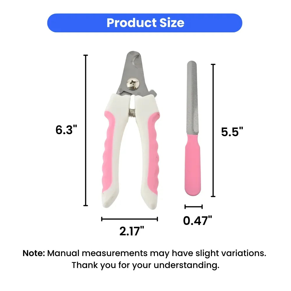 Measurement chart of a pet nail clipper with pink handles on a white background