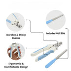 Pet nail clippers with features highlighted on a white background