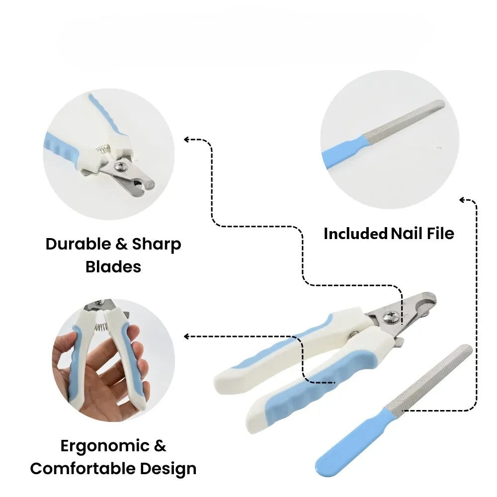 Pet nail clippers with features highlighted on a white background
