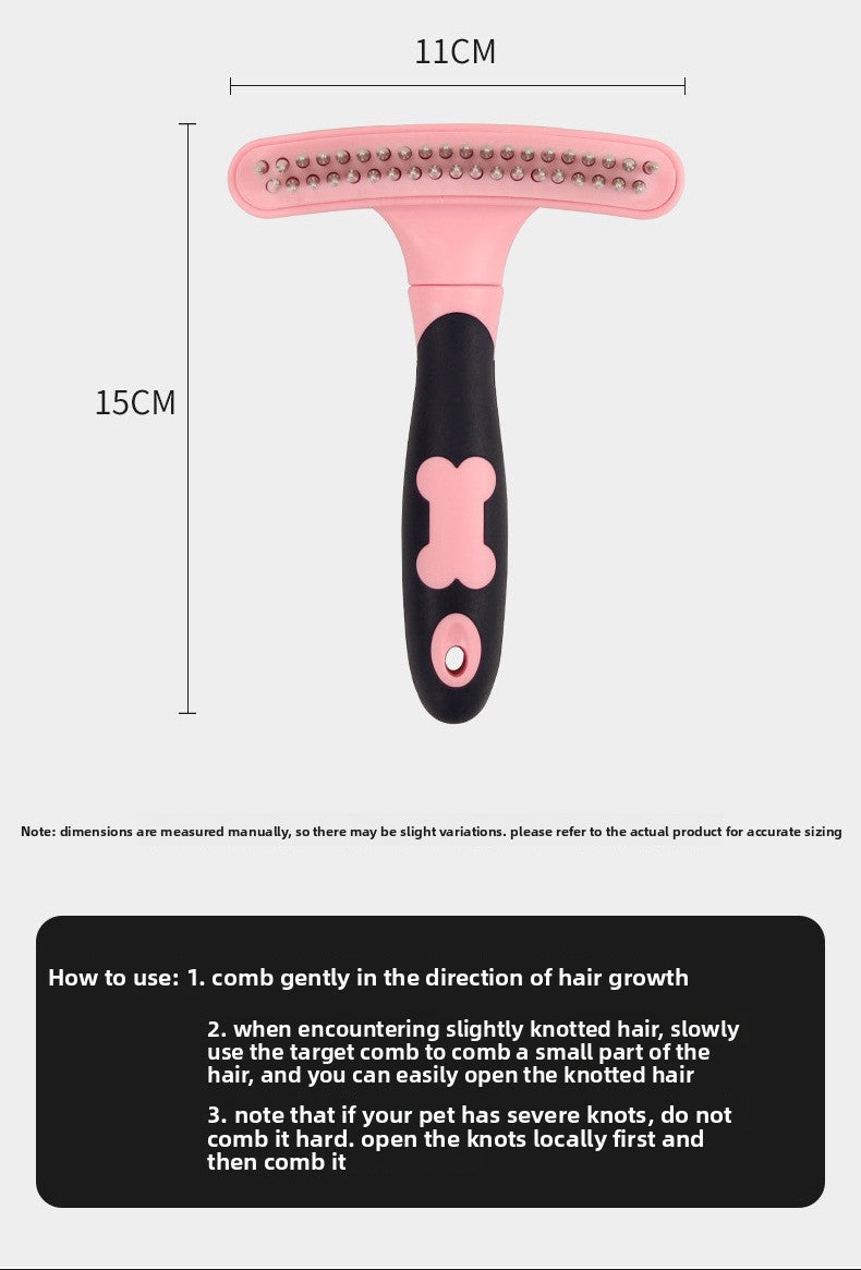Pink everyday deshedder with measurements and usage instructions on a white background