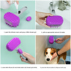 Instructions on how to use a purple pet grooming brush with a silicone cover for pet care.